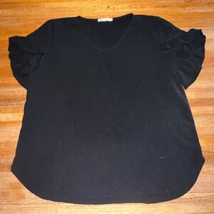 Culture Code Women 1X Texture Black V-Neck Ruffle Layered Short Sleeve Blouse